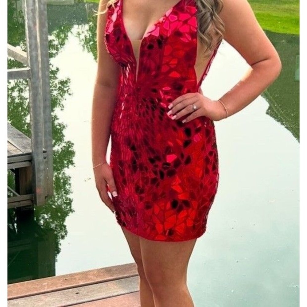 Sherri Hill Red Shattered Mirror Mini Cocktail Dress Size 4